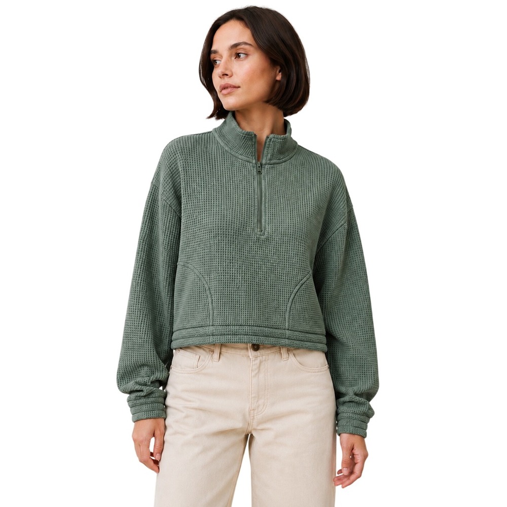 Aerie Sage Green Waffle Knit Quarter Zip Cropped Pullover Sweater M